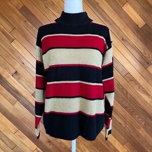Vintage 90s Gold, Red, and Black Striped Mockneck Sweater